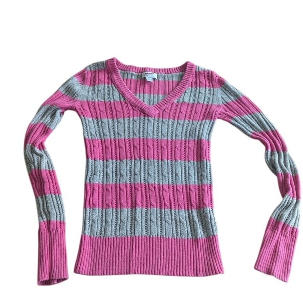 Vintage Arizona Jeans Co Striped Cable Knit V Neck Sweater Pink Gray junior‎ L